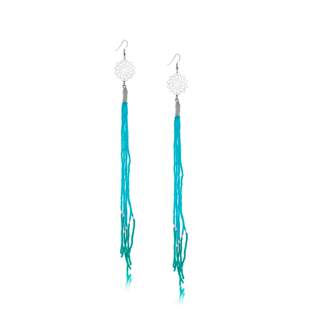 Seed Beaded Earrings 5in Long Turquoise-LumbeeJewelry.com