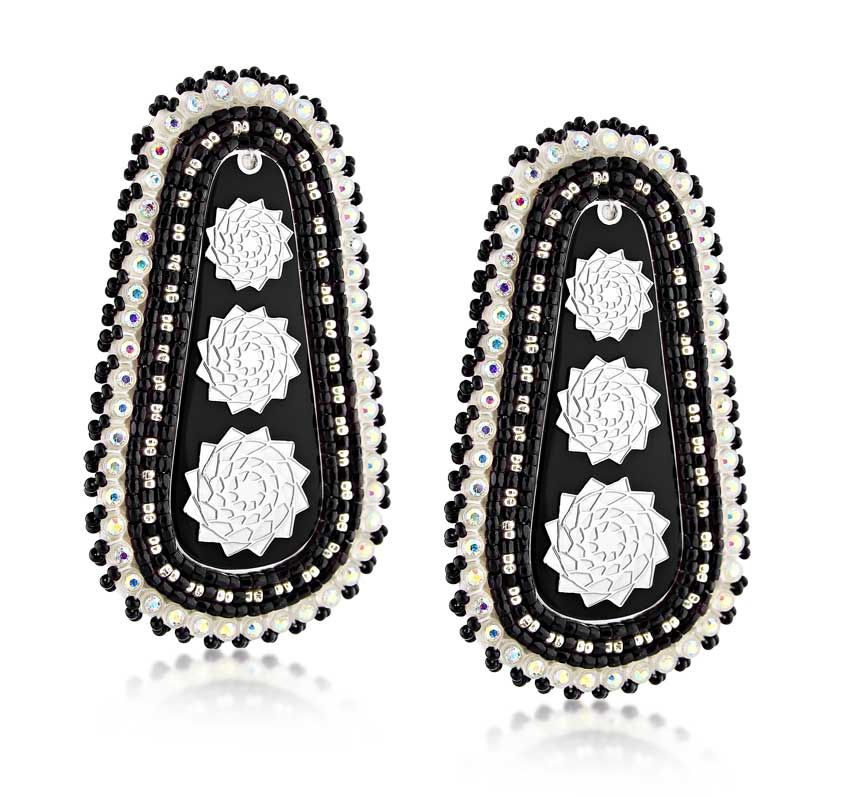 Hand Beaded Slab Pinecone Patchwork Earrings Black White-LumbeeJewelry.com