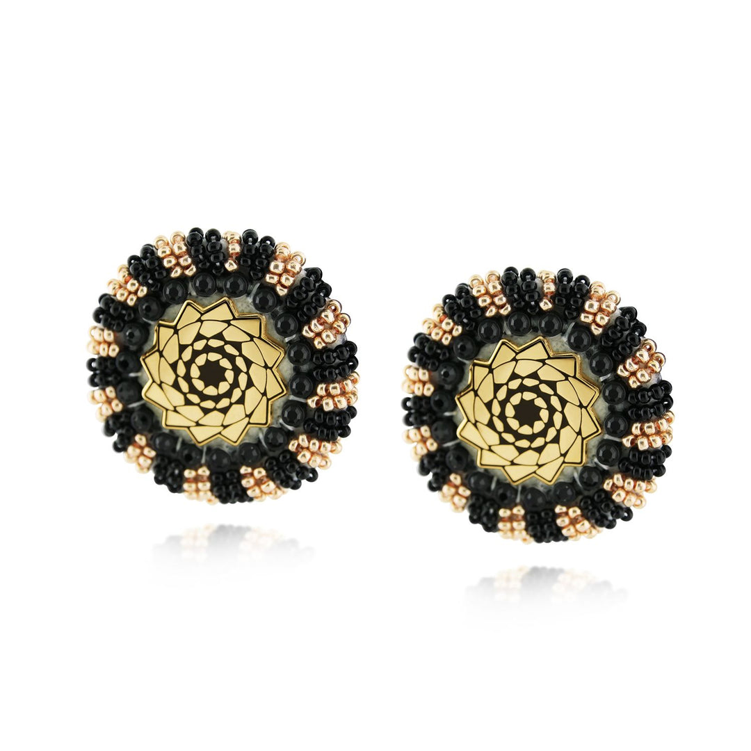 Hand Beaded Pinecone Patchwork Earrings  SM Rd Black Gold-LumbeeJewelry.com