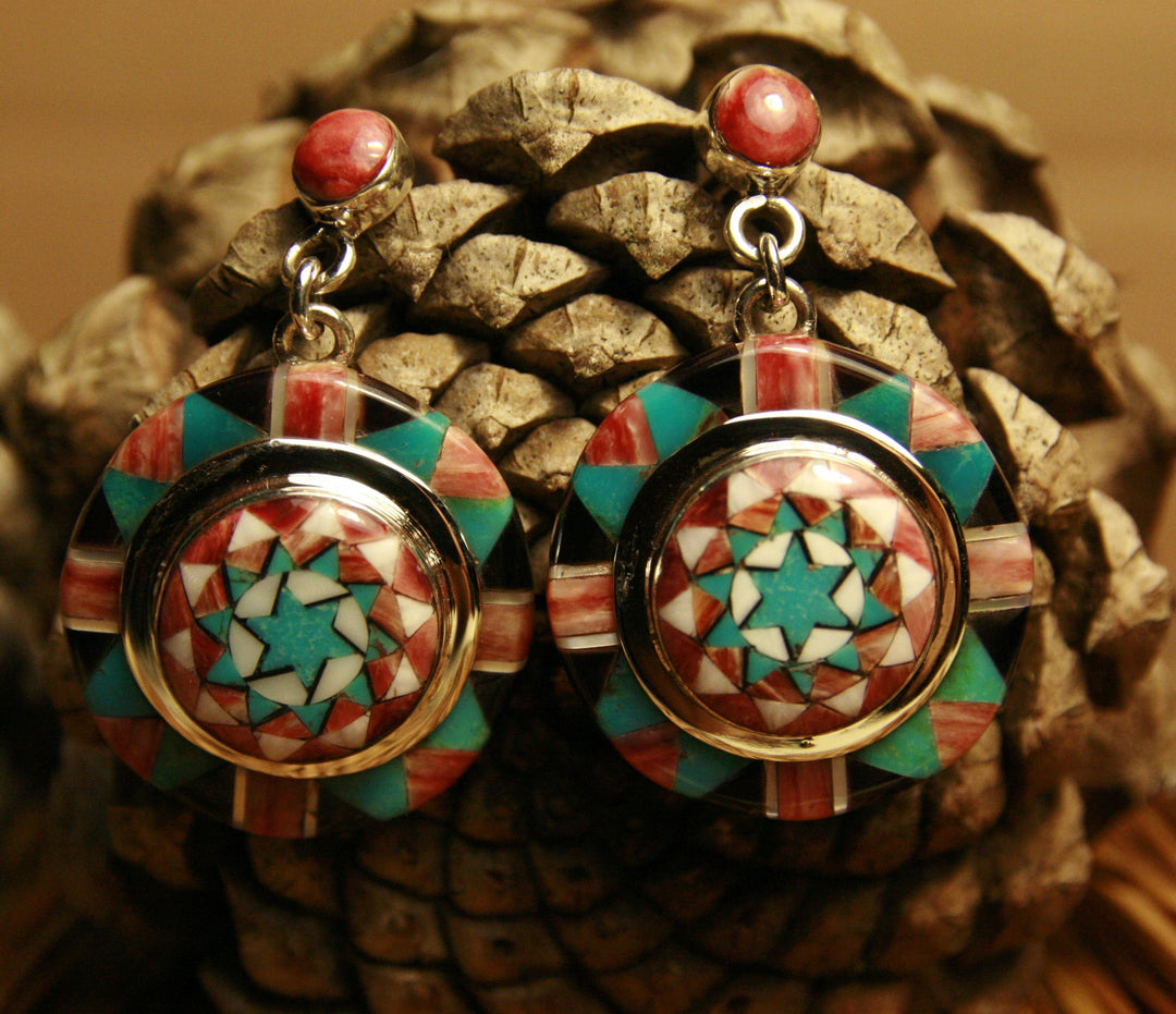 Pinecone Patchwork Inlay Earrings Red Spiny Sterling-LumbeeJewelry.com