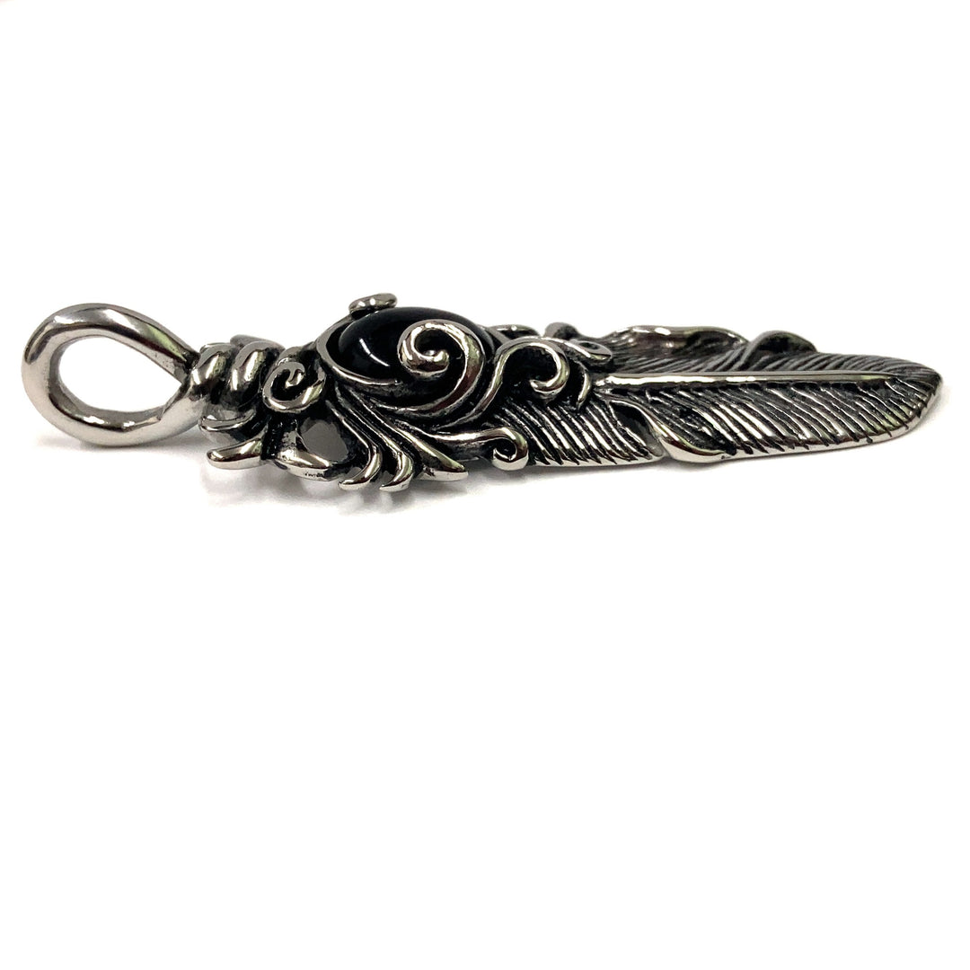 Feather Pendant Onyx Stone Stainless-LumbeeJewelry.com