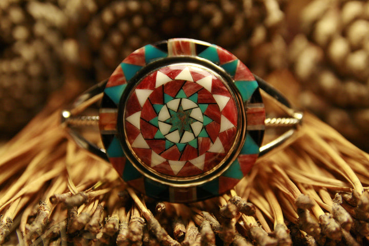 Pinecone Patchwork Inlay Bracelet Red Spiny Sterling-LumbeeJewelry.com