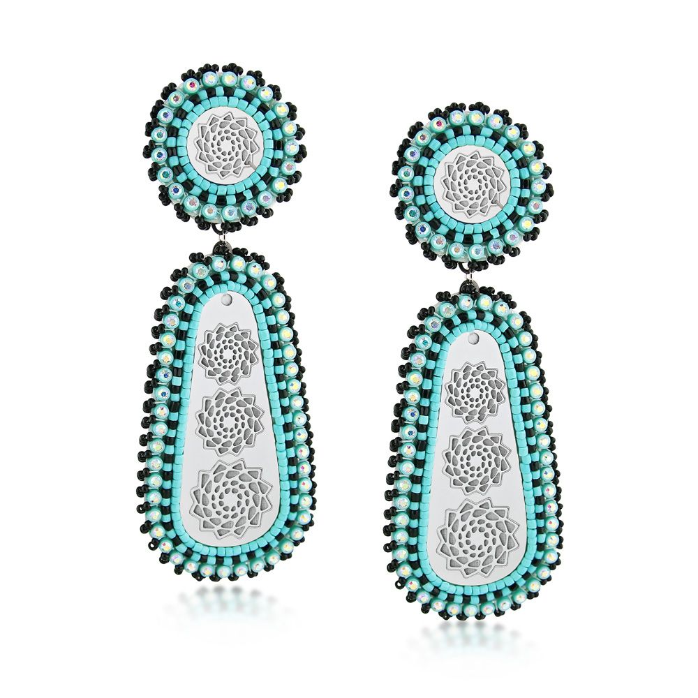 Hand Beaded Earrings Double Turquoise Applique Style-LumbeeJewelry.com