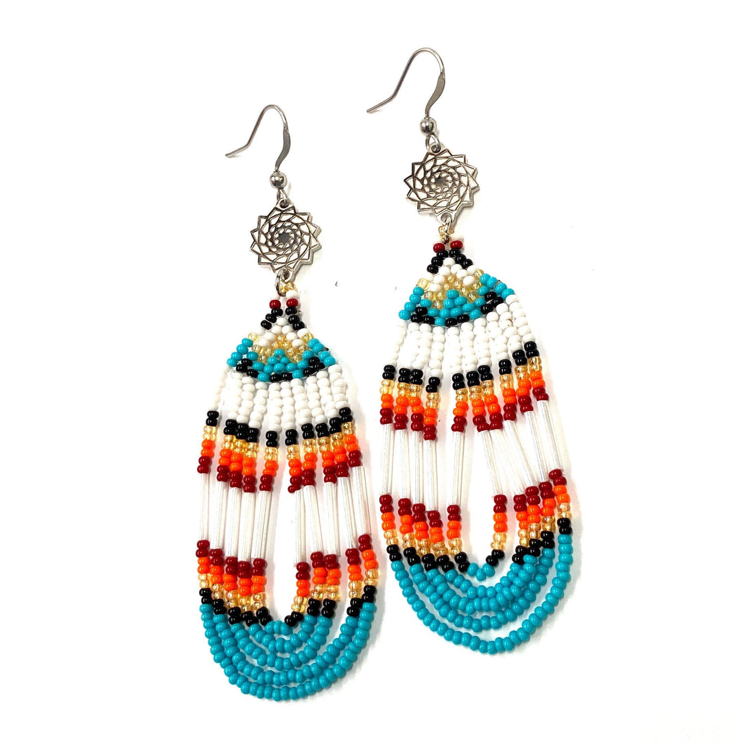 Turquoise blue,red Seed beaded Loop Earrings-LumbeeJewelry.com