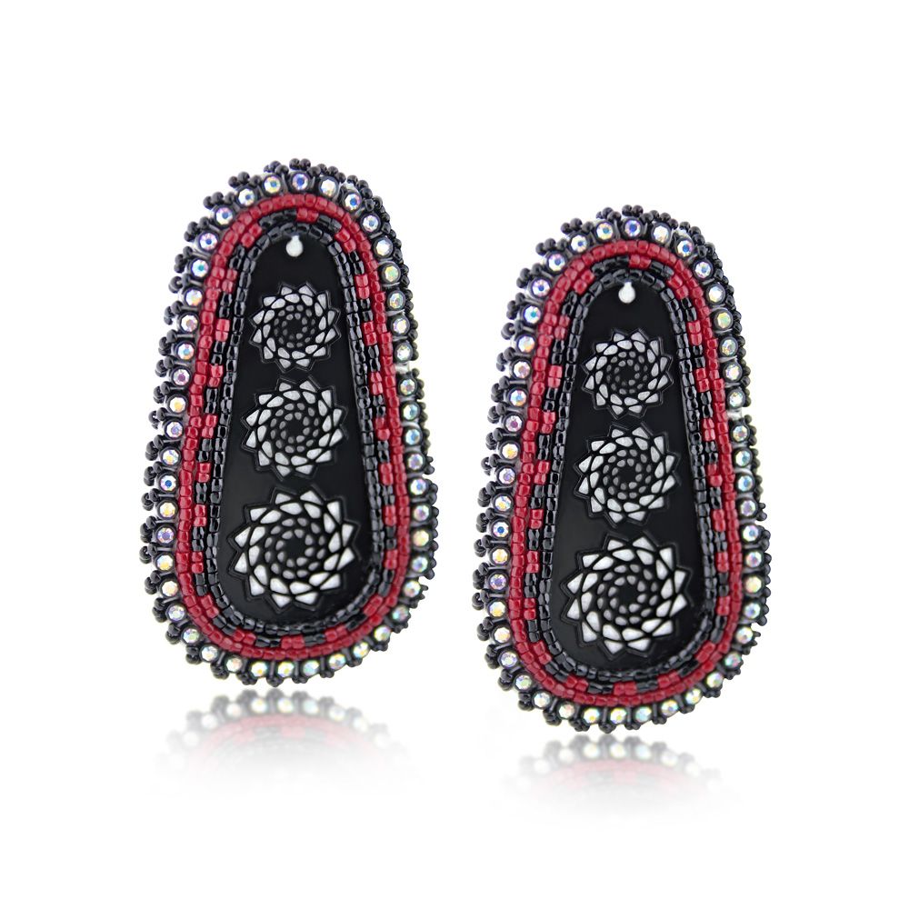 Hand Beaded Pinecone Patchwork Slab Earrings Black Red-LumbeeJewelry.com