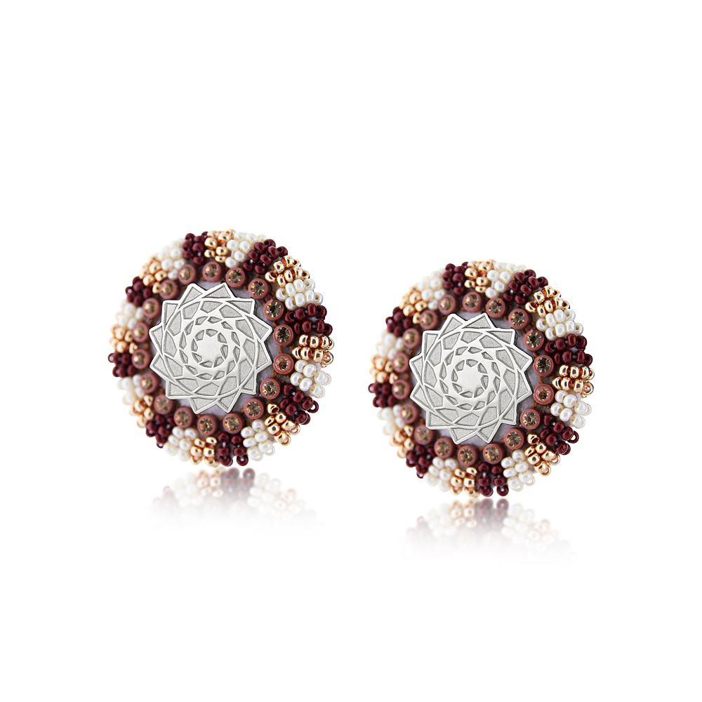 Hand Beaded Earrings SM Silver Brown