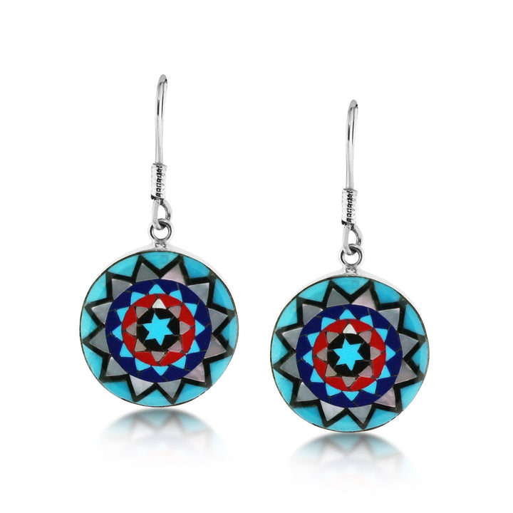 Pinecone Patchwork Inlay Turquoise Coral MOP Earrings Sterling-LumbeeJewelry.com