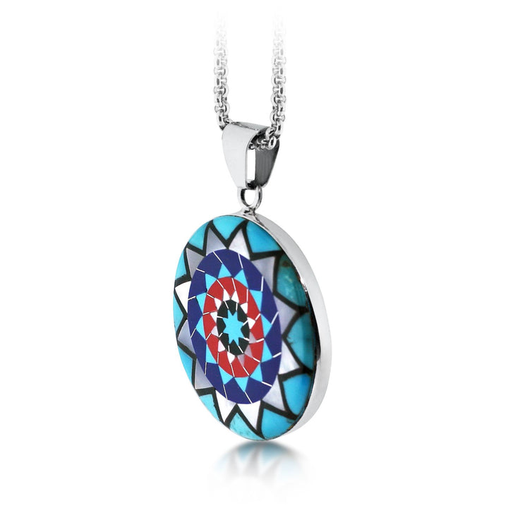 Pinecone Patchwork Inlay Pendant Turquoise Coral MOP Sterling-LumbeeJewelry.com