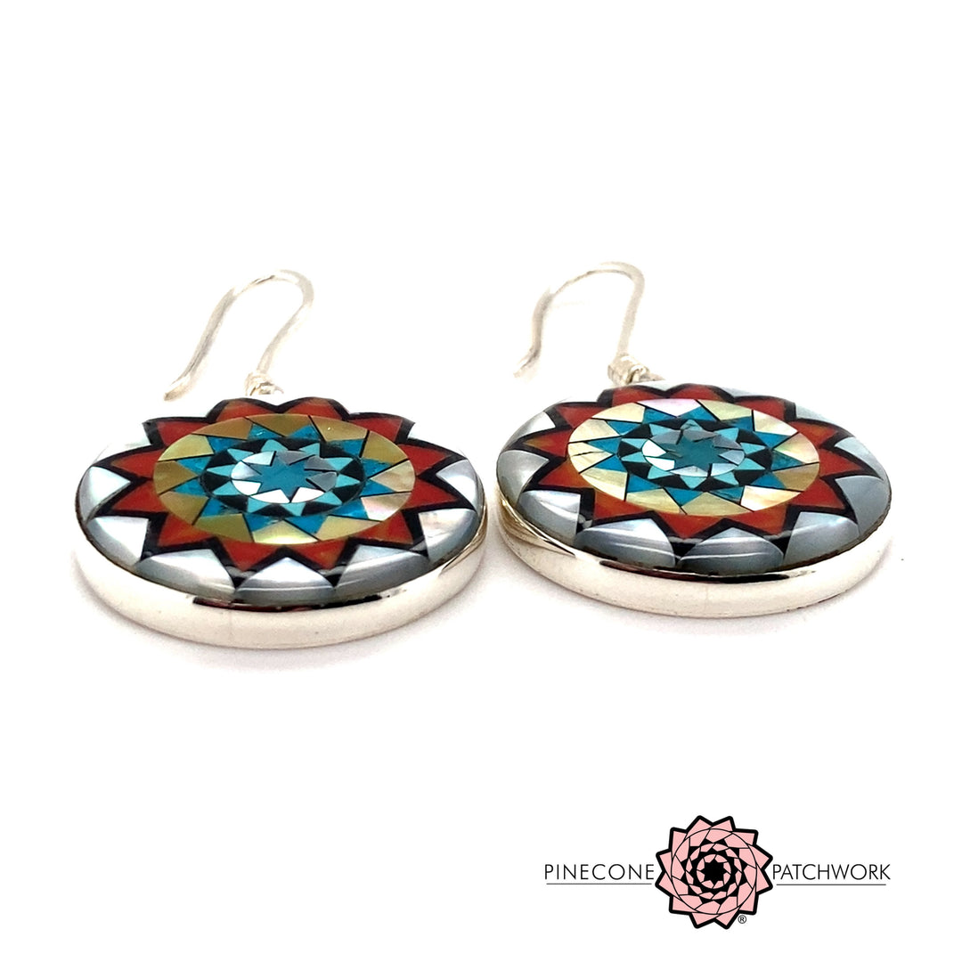 Pinecone Patchwork Inlay MOP Red Turquoise Yellow Earrings Sterling