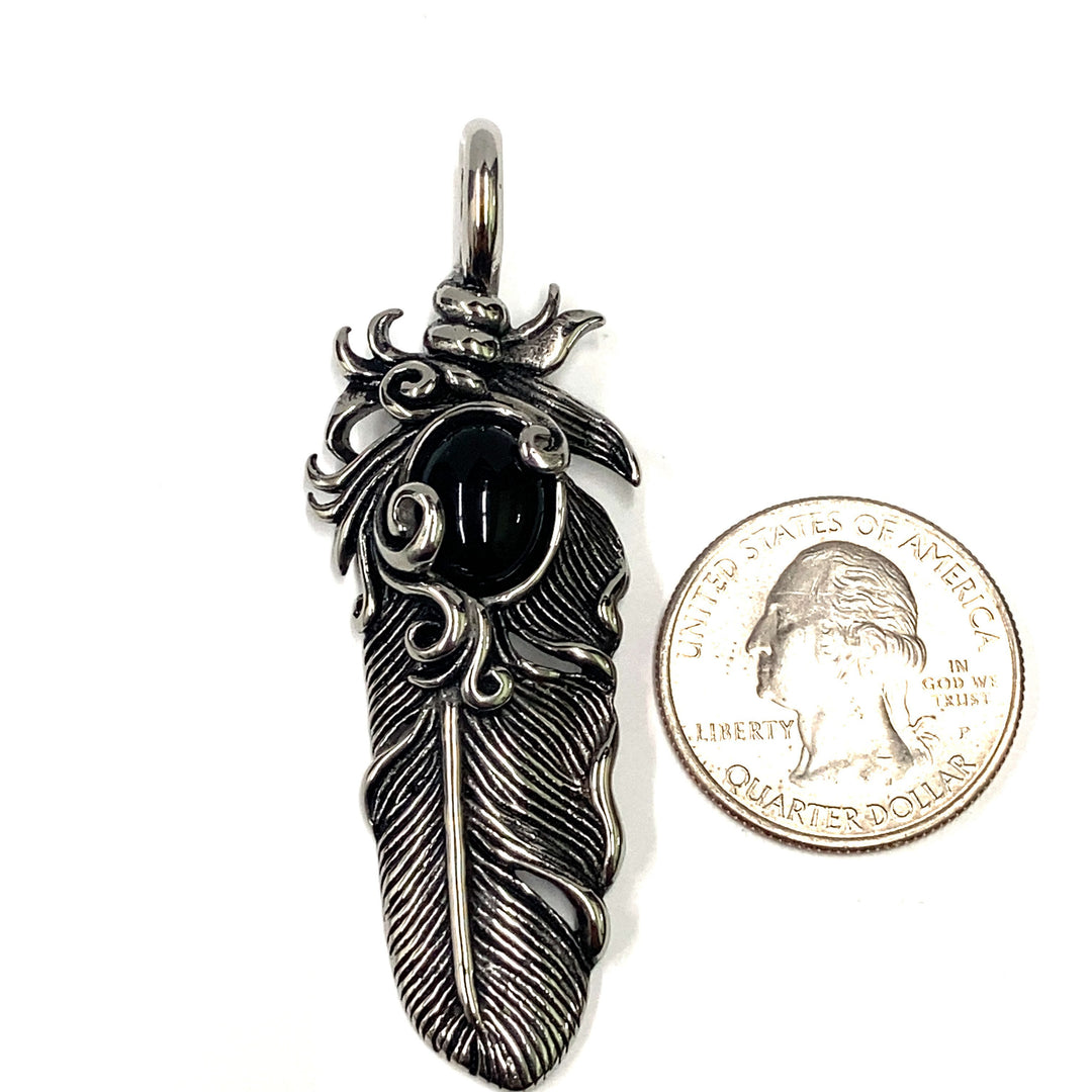 Feather Pendant Onyx Stone Stainless-LumbeeJewelry.com