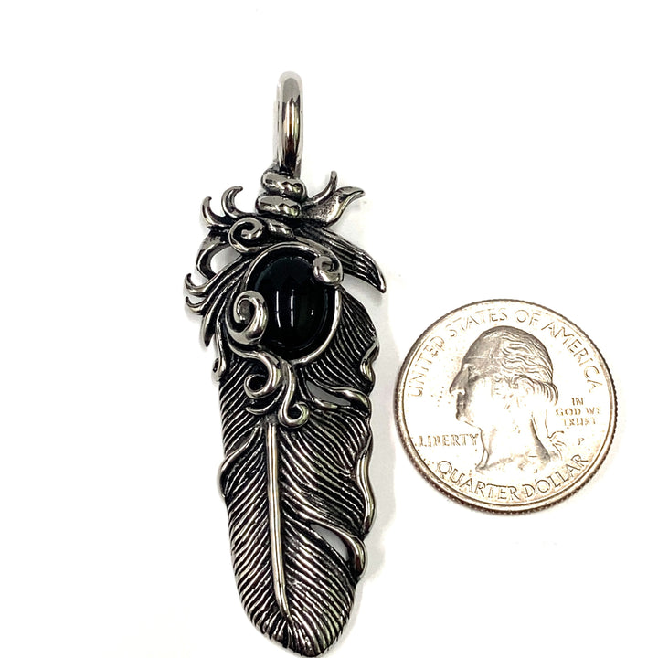 Feather Pendant Onyx Stone Stainless-LumbeeJewelry.com