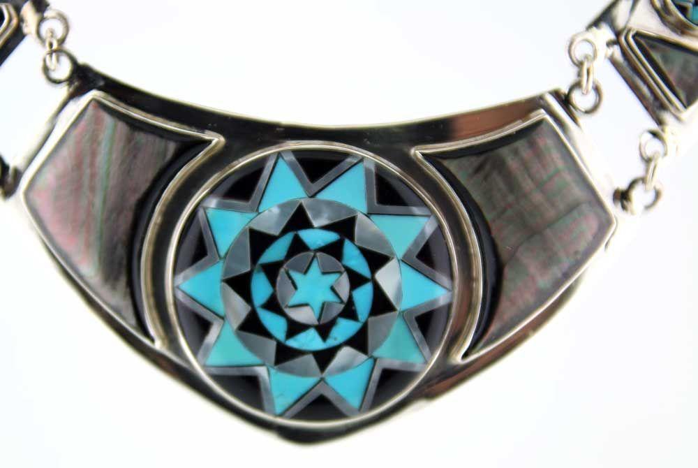 Pinecone Patchwork Inlay Necklace Black MOP Sterling-LumbeeJewelry.com