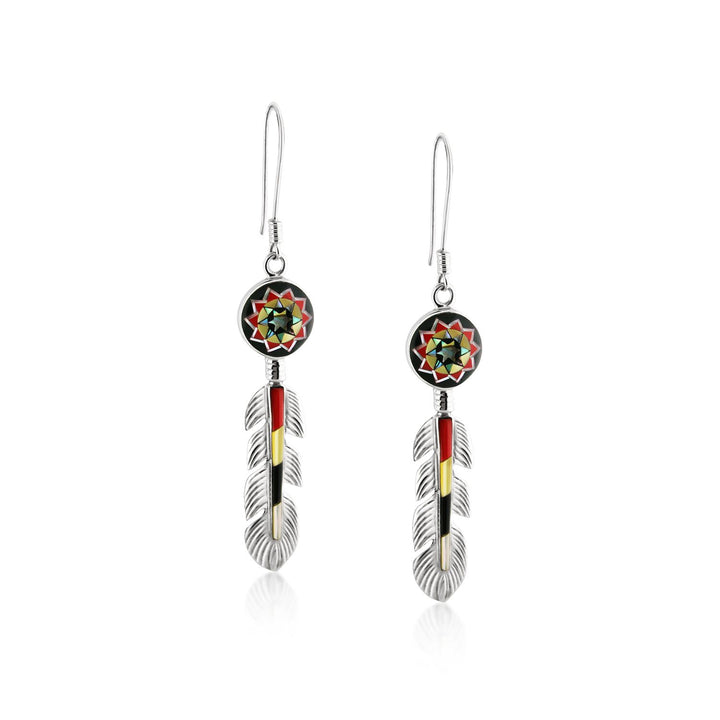 Pinecone Patchwork Inlay Feather Tribal Earrings Sterling-LumbeeJewelry.com